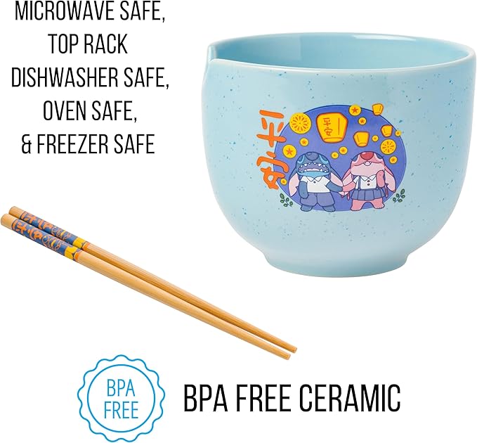 Silver Buffalo Lilo and Stitch Angel Holding Hands Couple Floating Lantern Ceramic Ramen Noodle Rice Bowl with Chopsticks, Microwave Safe, 20 Ounces