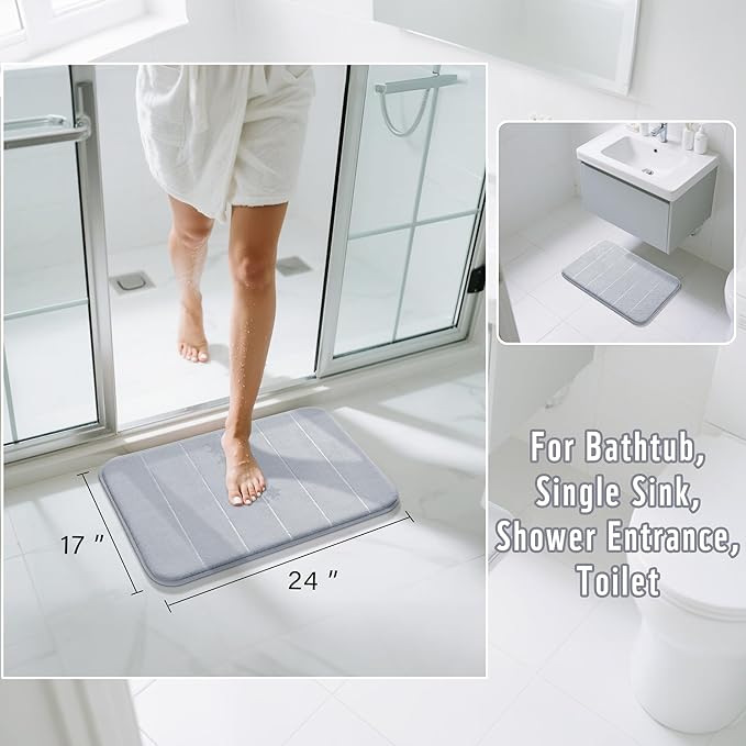 Yimobra Memory Foam Bath Mat, Super Soft Absorbent Bathroom Rug Non Slip, Quick Dry, Machine Washable Floor Carpet for Tub Shower, Home Decor Accessories, 24x17, Silver