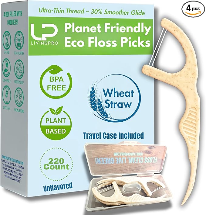 Twin Line Eco Floss Picks (220 Count) - Plant-Based Straw Wheat Floss Sticks with Travel Case | 2X More Effective Cleaning-Compostable Tooth Flossers, Thin & Shred Resistant Thread |