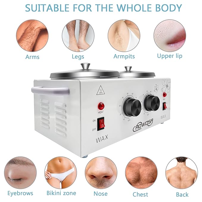 Professional Waxing Kit Wax Warmer Double Pot Wax Heater Machine for Hair Removal, Large Waxing Pot for Spa Salon Beauty Esthetician Home, with Adjustable Temperature Set, 50 Stick & 20 Collar(White)