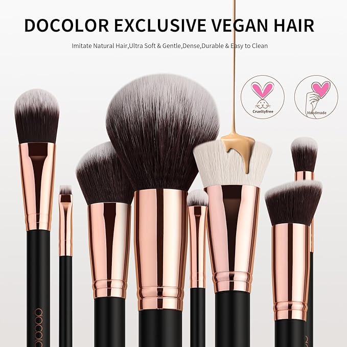 docolor Makeup Brush Set Professional, 15 PCS Black Wood Handle Makeup Brushes, Premium Cruelty-Free Synthetic Fiber Hair, Travel Make up Brushes Set with Case