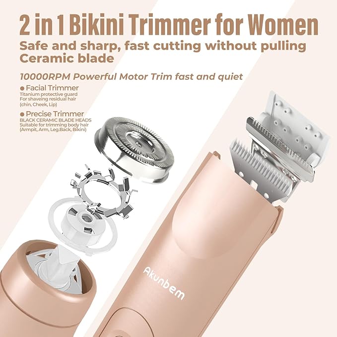 Bikini Trimmer for Women - 2 in 1 Electric Razors for Women - Dual Head Electric Shaver - IPX7 Waterproof Wet & Dry Use Body Hair Trimmer and Facial Hair Remover for Bikini Underarm Leg Arm
