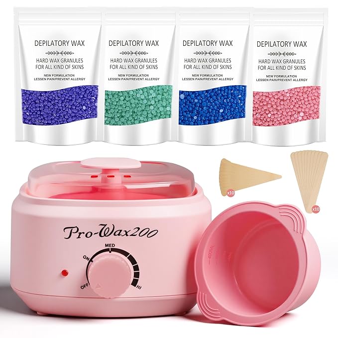 Waxing Kit for Women & Men - Complete Hair Removal Wax Kit with 4 Bags Hard Wax Beads & Silicone Pot for Full Body, Bikini, Brazilian, Eyebrow, Legs, Face - Easy to Use at Home Wax Warmer