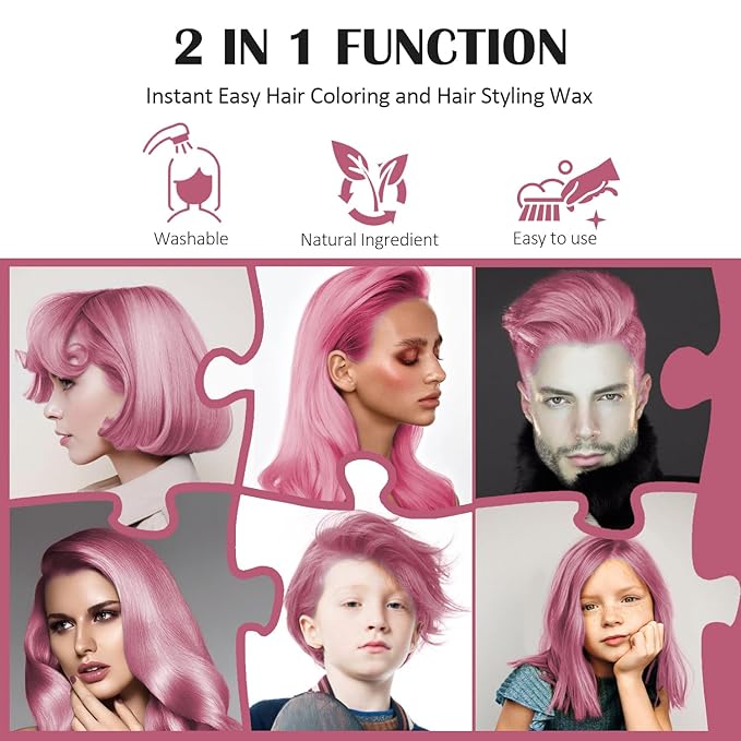 Pink Temporary Hair Color Wax, Instant Natural Hairstyle Cream Dye, Washable Styling Pomades for Girls Women Youth, Disposable Coloring Mud for Party Cosplay DIY Halloween