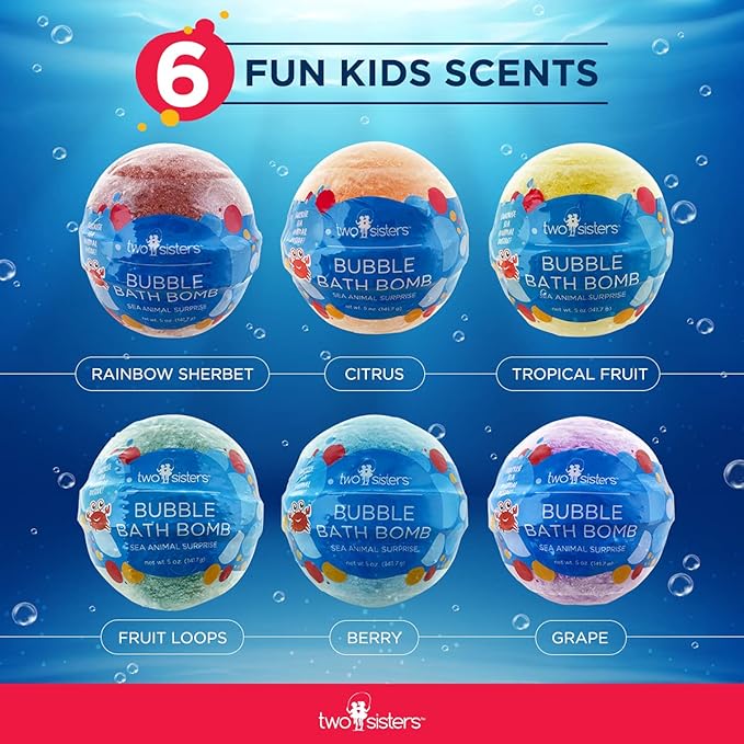 Sea Animal Bath Bombs for Kids with Surprise Toys Inside (6 Pack) - Bubble Bomb Stocking for Girls and Boys, Gentle and Safe Ingredients, USA Made, Ideal Gift for Children & Teens by Two Sisters
