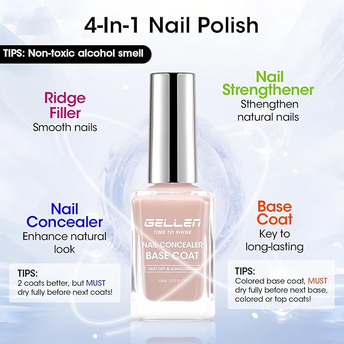 GELLEN 4-In-1 Nude Illuminating Nail Concealer Base Coat Polish Neutral Earth Tones, Sheer Nail Strengthener Ridge Filler for Nails, Smoothes Strengthens Nails, Quick Dry, Hema Free, Non-toxic, Vegan