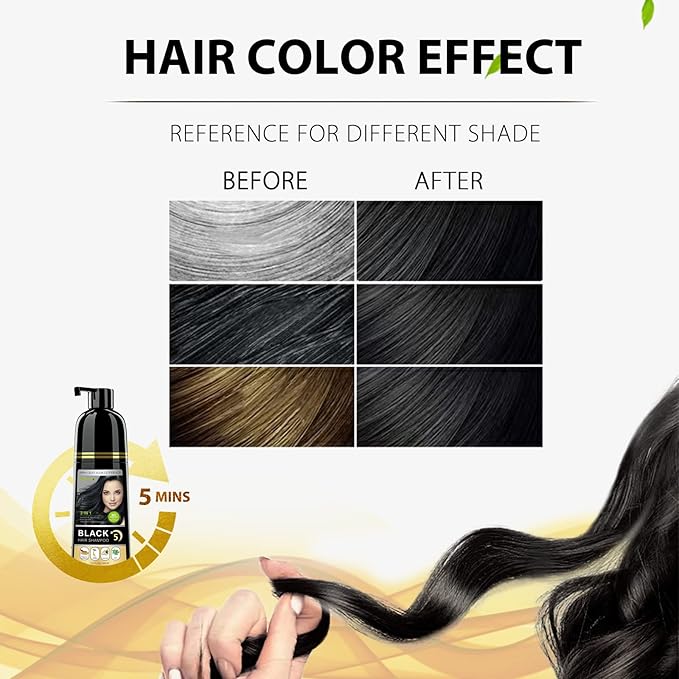 Instant Black Hair Shampoo, 3 in 1 Natural Hair Dye Shampoo with Herbs, Cover Greys Hair for Men & Women, Permanent Hair Color - Ammonia Free 400ml (Black)
