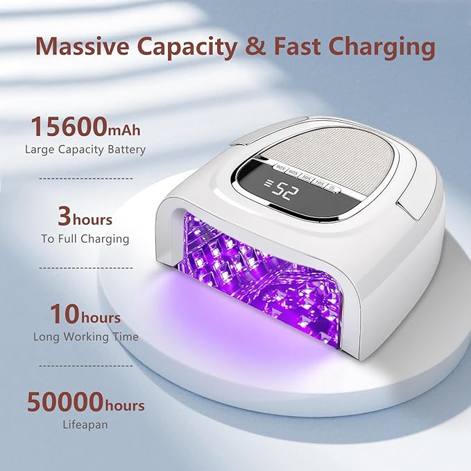 96W Professional Cordless Nail Lamp – Fast-Curing UV/LED Light, Rechargeable 15600mAh Battery (60+ Uses), Smart Sensor & Metal Base for Gel and Acrylic Nails at Home or Salon(Silver Frame Version)