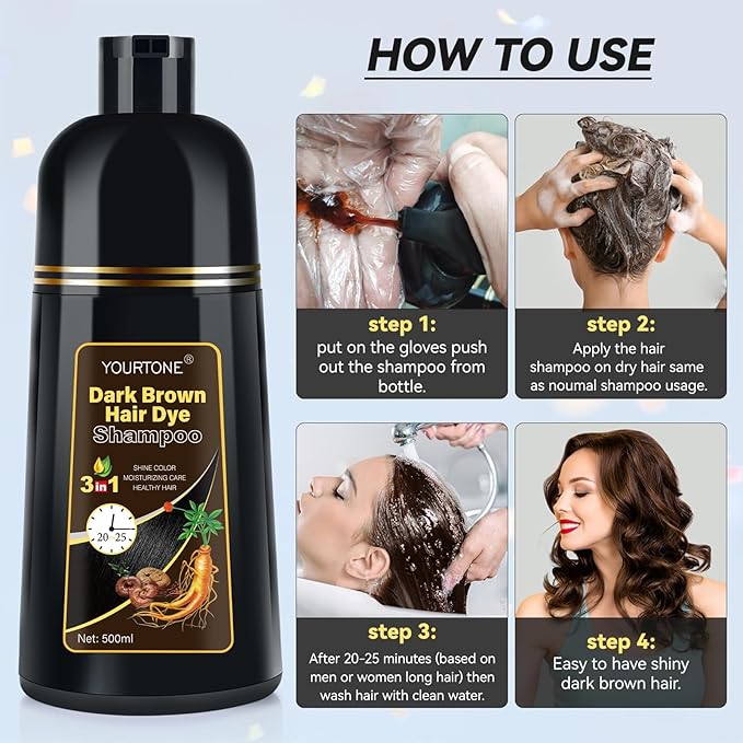 Dark Brown Hair Dye Shampoo 3 IN 1, Hair Color Shampoo for Gray Hair Coverage for Women Men, Herbal Formula with Ammonia-free Ingredients, Lasts up to 30 Days (16.9 Fl Oz)