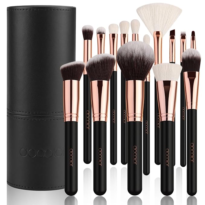 docolor Makeup Brush Set Professional, 15 PCS Black Wood Handle Makeup Brushes, Premium Cruelty-Free Synthetic Fiber Hair, Travel Make up Brushes Set with Case