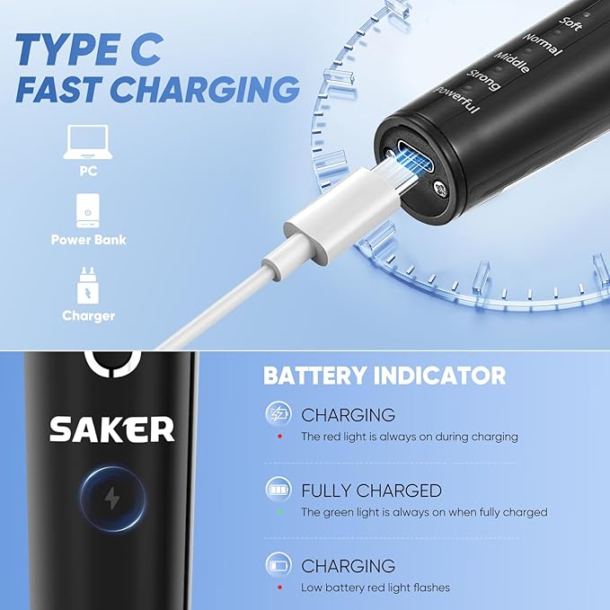 Saker Tooth Polisher, 2 Set Replacement Polishing Brush Heads(12pcs) Included, Rechargeable Tooth Polishing Kit, Dental Teeth Polisher with LED Light, 5 Speed Modes, Waterproof