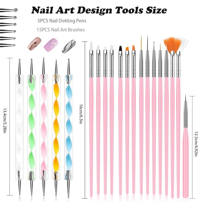 20Pcs Nail Art Brushes Tool Set, Nail Art Double-End Tools, Nail Liner Brushes, Silicone Pen Dotting Pen Tools Nail Art Kit for Home Nail Art DIY Salon Use-Pink