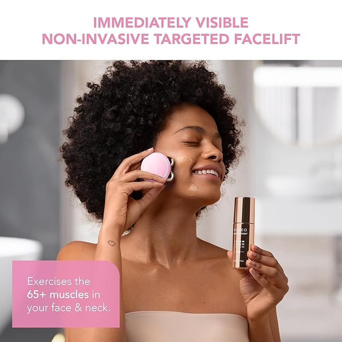 FOREO Firm & Fabulous BEAR mini + Serum Serum Serum 1 Oz Anti aging Starter Kit- Microcurrent Facial Device- Instant Face Lift- Double Chin Eliminator- Facial Skin Care Products- Gift Set- Pearl Pink