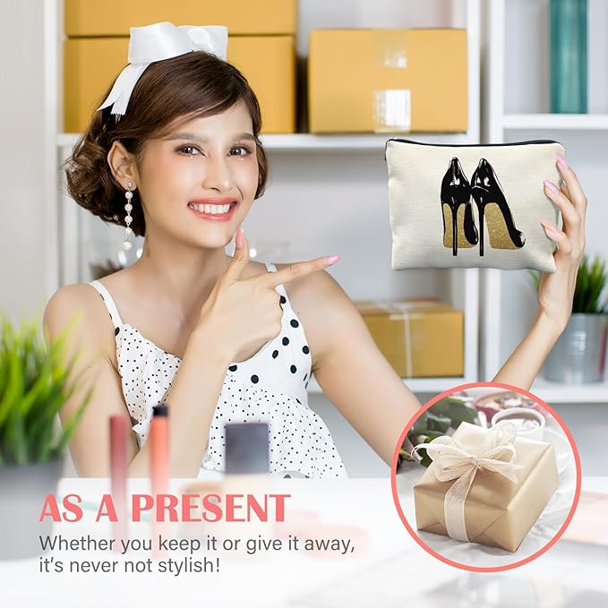 Trendy Black and Gold Makeup Bag for Women, Fashion Glitter High Heels Modern Aesthetic Cosmetic Bag for Purse, Trendy Girly Makeup Zipper Pouch