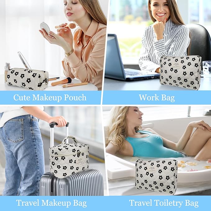 3pc Makeup Bag Set, Quilted Makeup Bag Set, Large Floral Cosmetic Bag for Women, Cute Cotton Makeup Bags, Flower Travel Toiletry Organizer Bag (Black Flowers)