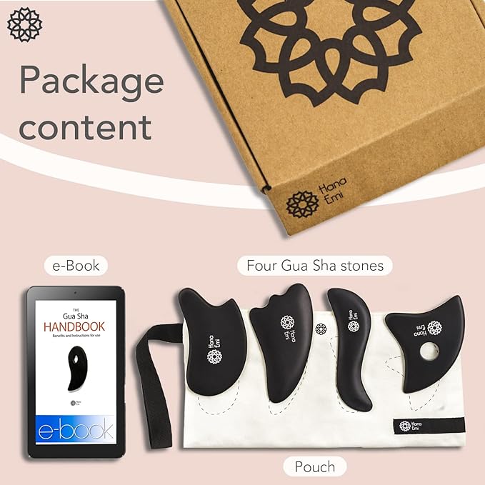 LUONKOS Gua Sha Facial Tools - Set of 4 Black - Large Bian Stone Guasha Tool for Body Massage - Lymphatic Drainage Massager with Polished Edges Glide Effortlessly for Daily Aesthetic Skincare Routine