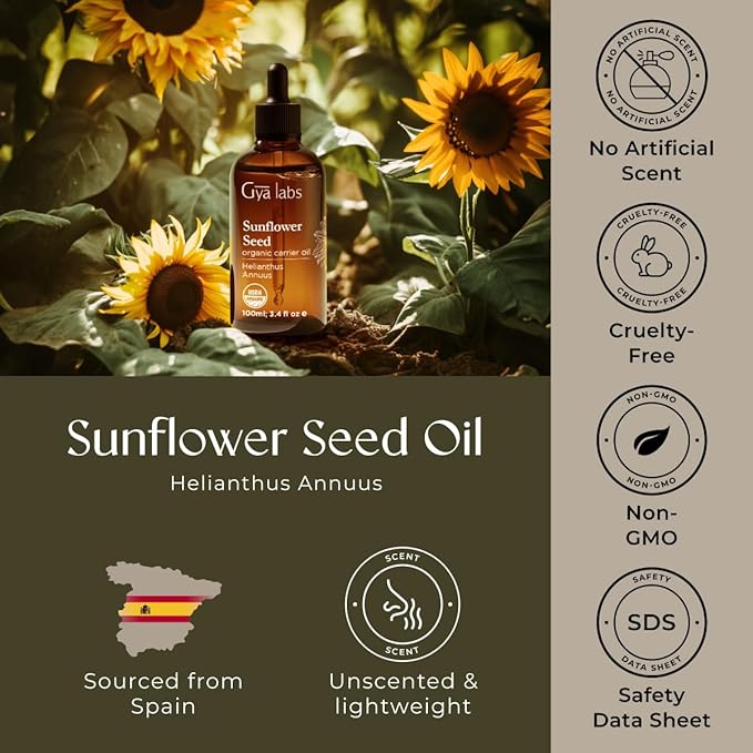 Gya Labs Sunflower Carrier Oil - 3.4 Fl Oz - for Hair, Skin, Face, Scalp & Body Massage