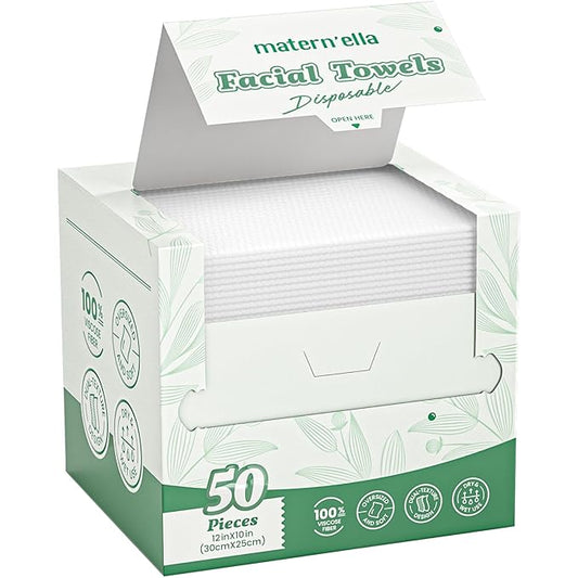 MATERN'ELLA Disposable Face Towels XL Ultra Soft Biodegradable Dry Wipes, Plant-Based Lint-Free Facial Towelettes for Makeup Removal & Sensitive Skin, Premium Texture for Effective Cleansing 50 Count