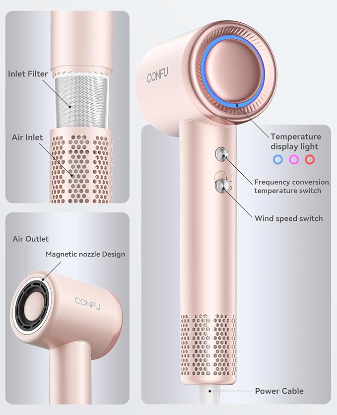 Hair Dryer with Diffuser, CONFU Hair Dryers for Women, Diffuser Hair Dryer High Speed Professional Ionic Blow Dryer for Fast Drying, Hair for Curly Hair for Home Travel