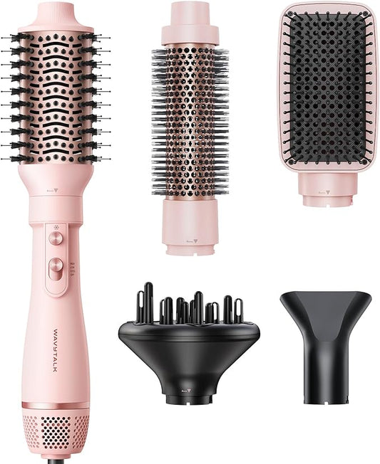 Blow Dryer Brush Set, Wavytalk Air Sculpt 5-in-1 Hot Air Brush Set, Multi Hair Styler for Salon Blowouts, Smooth Curls, Volumizing and Straightening, Sleek and Less Frizz, Pink