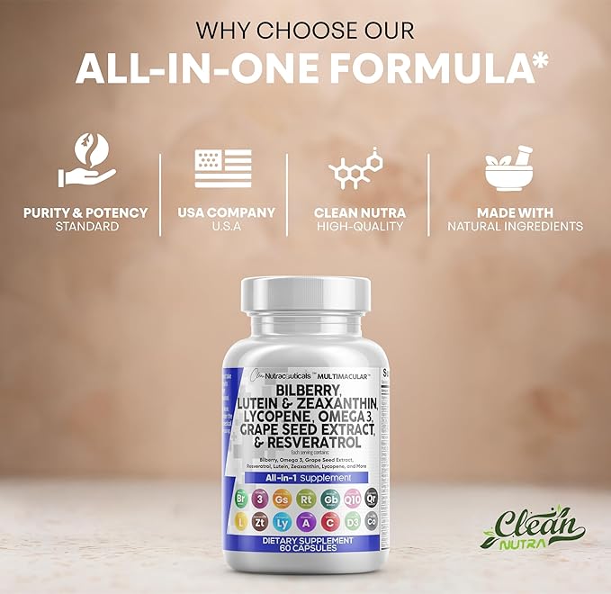 Clean Nutra Eye Vitamins with Bilberry Lutein and Zeaxanthin Supplements Lycopene 40mg Resveratrol Grape Seed Astaxanthin for Eyes - Eye Care Health Support (60 Count (Pack of 2))