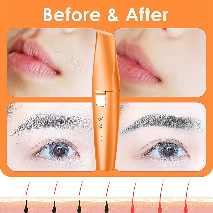VG VOGCREST Eyebrow Facial Trimmer: 2 in1 Rechargeable Facial Hair Removal and Eyebrow Shaver - Face Lips Body Painless Facial Razor with Built-in LED Light (Orange)