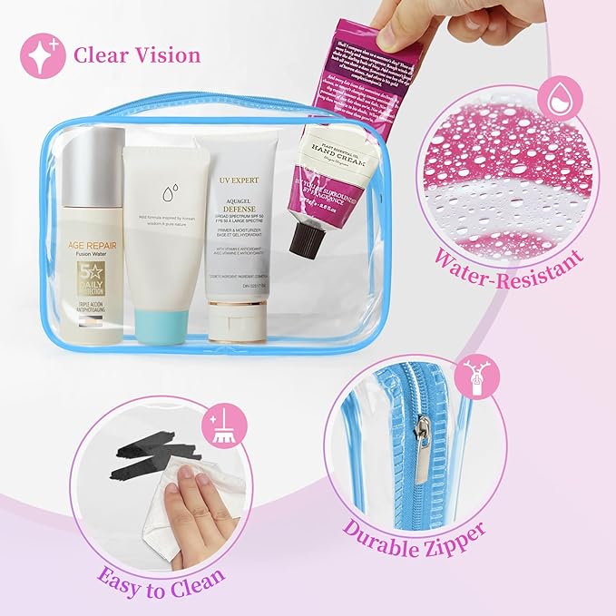 TISRATOK 12 PCS Clear Makeup Bag for Women with Zipper, TSA Approved Toiletry Pouch, Cosmetic Bag Bulk for Travel Organizer Essentials - Multicolor, Medium