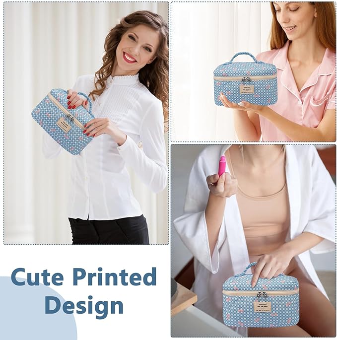 Large Makeup Bag, Cute Cosmetic Bag for Women Girls, Floral Coquette Aesthetic Toiletry Bag, Travel Make Up Organizer Bag (Blue Butterfly)