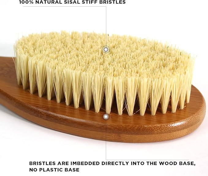 ICANdOIT-17.71Inch Natural Stiff Sisal Bristles Anti-Slip Long Handle Bath Brush,Bent Handle Shower Scrubber for Exfoliating,Shower Back Brush,Exfoliation Set with Pumice Stone(2 Pack)