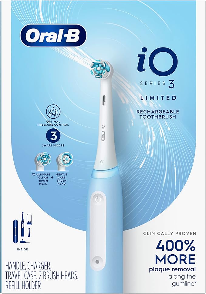 Oral-B iO Deep Clean Rechargeable Electric Powered Toothbrush, Icy Blue with iO Series 3 Limited, 2 Brush Heads and Travel Case - Pressure Sensor to Protect Gums - 3 Cleaning Settings - 2 Minute Timer