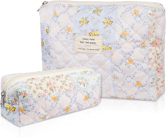 2PC Makeup Bag Set, Cute Cosmetic Bag for Women Girls, Floral Coquette Aesthetic Toiletry Bag, Travel Make Up Organizer Bag (Folk Style)