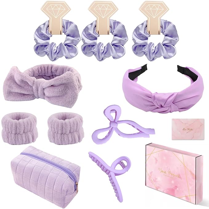 Spa Headband and Wristband Set Top Knotted Headbands Big Hair Claw Clips Butterfly Hair Accessories Satin Silk Scrunchies Quilted Makeup Bag Blank Cards Gift Box Gifts for Women and Teen Girl Gifts