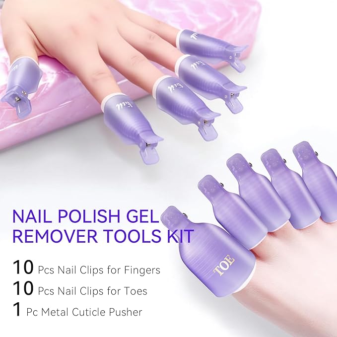 Makartt Nail Polish Remover Clips Kit, 20PCS Reusable Nail Soak Off Clips for Fingers and Toes, Professional Nail Gel Remover Tools with Double-Ended Cuticle Pusher for Removal Acrylic Art Nail Polish
