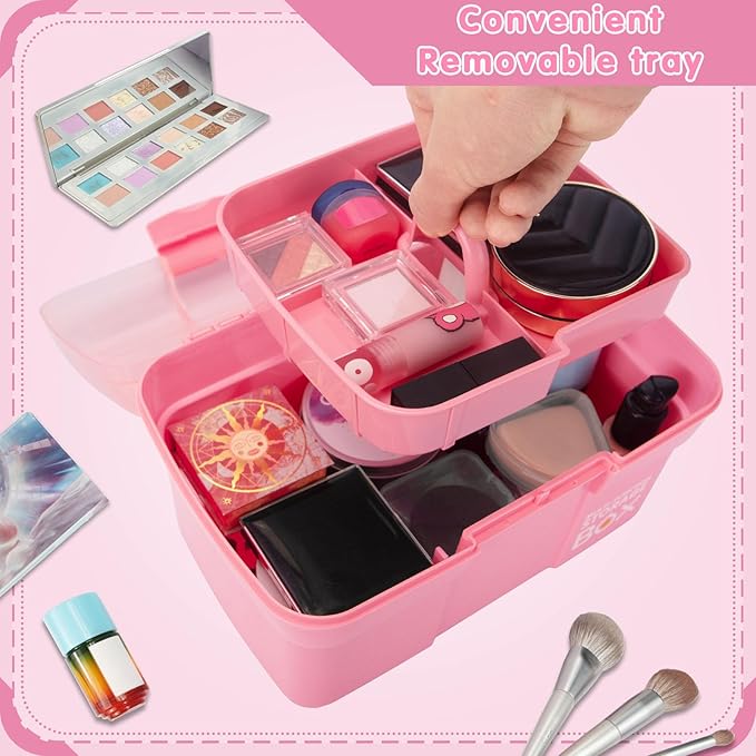 11in Mutipurpose Storage Box Organizer with Removable Tray, Portable Small Craft Organizer with Handle, Plastic Clear Tool Box Art Case for Makeup, Sewing, Nail, Hair Accessories (Pink)