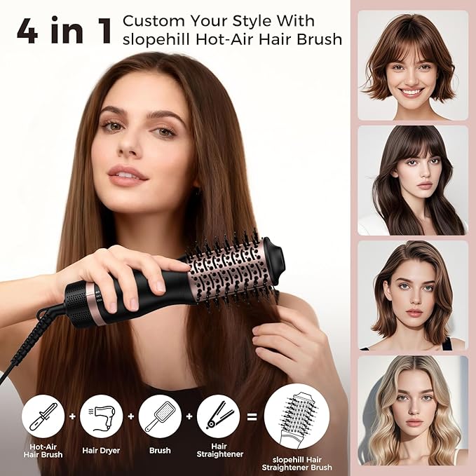 slopehill Mini Travel Dual Voltage Hair Dryer Brush,1000 Watts Hot Air Brush with European Plug, Ionic Hair Dryer and Styler for Women, Oval Barrel 2 Heat & 2 Speed Settings for International Travel