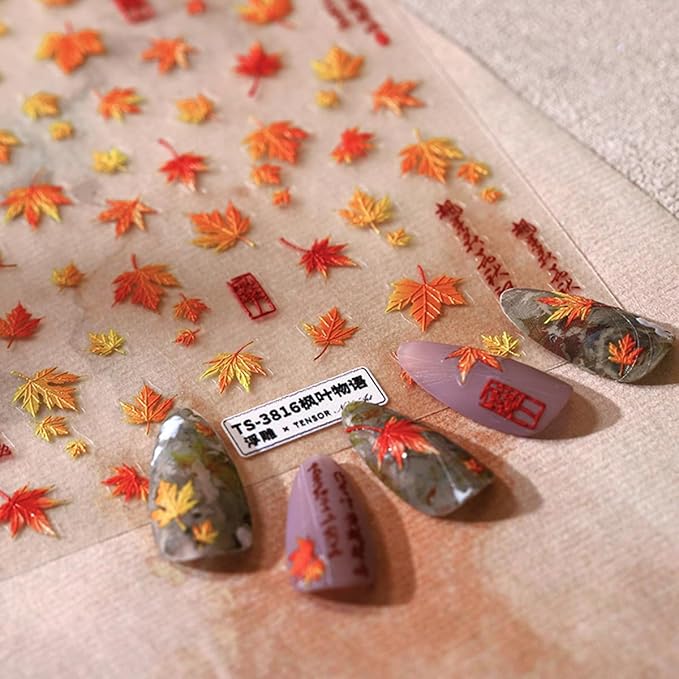 Fall Nail Art Stickers 5D Embossed Maple Leaf Nail Decals Autumn Leaves Nails Design Self-Adhesive Nail Art Supplies Fall Maple Leaf Manicure Sliders for Women Thanksgiving DIY Nail Decorations