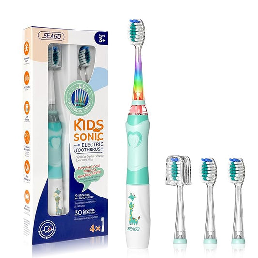 SEAGO Kids Electric Toothbrush with 2 Mins Brushing Timer and 4 Replacement Bursh Heads, Rainbow LED Light Make Brushing Fun, Green Color Boys Battery Powerd Toothbrush for 4-12 Years Old，SG-977