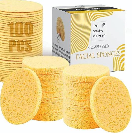 100-Count Compressed Facial Sponges, 100% Natural Cosmetic Spa Sponges for Facial Cleansing, Exfoliating Mask Yellow Round