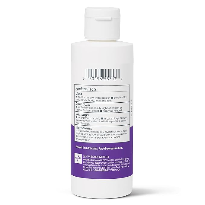 Medline Remedy Essentials Moisturizing Body Lotion (4 oz Bottle), Unscented, Hydrating, Non-Greasy, For Dry Skin, Hypoallergenic, Men, Women, Elderly (Pack of 2)