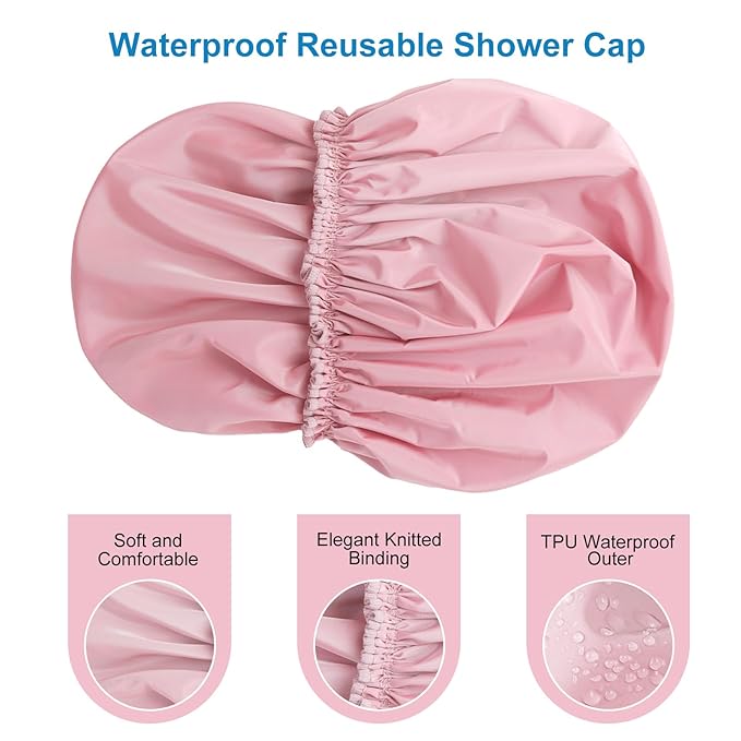 Shower Cap for Women, Double Layer Waterproof Bath Cap, Reusable Hair Protector, Large Waterproof Shower Bonnet Washable Elastic Band Bath Hair Hat for Long Hair, Braids， - Pink