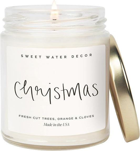 Sweet Water Decor Christmas Scented Candle - Cinnamon, Trees, Orange, and Clove Scented Winter Candle - Christmas Candles and Decor for Home - 9oz. Clear Jar Soy Candle, Made in The USA