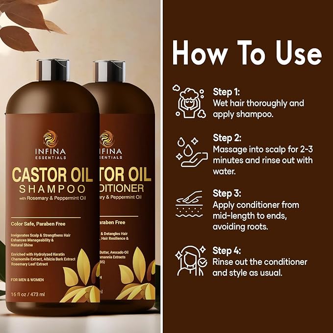 Castor Oil Shampoo and Conditioner Set for Hair Growth with Rosemary & Peppermint Oil - Cleanse Hair, Strengthen & Shine with Castor Shampoo and Conditioner - Anti-Hair Loss for Men & Women - 16 fl oz