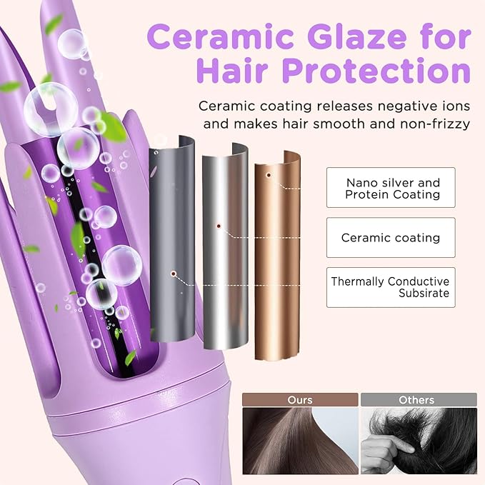 Automatic Curling Iron, 1.5 Inch Hair Curler with 4 Temp. Options, 10S Fast Heating, 2-Way Rotation, 30 Min Auto Shut-Off, Anti-Scald-Tangle for Long Hair, Dual Voltage for Travel (Purple)