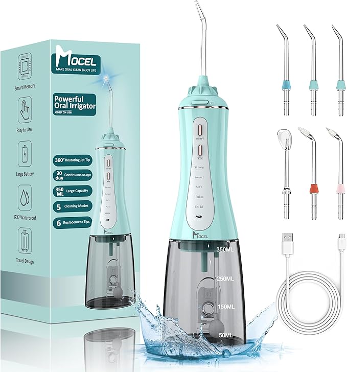 Water Dental Flosser for Teeth - 350ML Large Tank 5 Modes & 6 Tips Cordless, Oral Irrigator Waterproof, Portable Teeth Cleaning and Flossing with Effective Plaque Remover for Adults (Green)