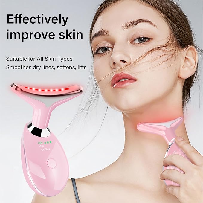 Neck&Face Massager with 7 Colors-Multi-Functional Skincare Tool,Home Beauty Device for Wrinkles&Relaxation (Pink)