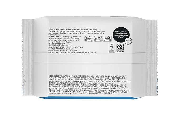 Amazon Basics Makeup Remover Wipes, Gentle Cleansing, Dermatologist Tested, Fragrance-Free, Plant Based, Alcohol-Free, Removes Waterproof Mascara, 25 Count Per Pack, Pack of 1