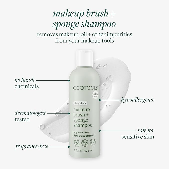 EcoTools Makeup Brush + Sponge Shampoo Cleanser, Deep Clean, Sulfate-Free, Fragrance-Free Brush Cleaner for Makeup Sponges & Tools, Vegan & Cruelty-Free, 8 fl. oz