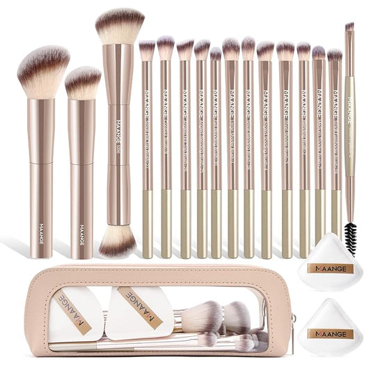 MAANGE Makeup Brush Set 19 PCS Travel Makeup Brushes Eyeshaowder Powder Concealers Foundation Professional Make Up Brush Set with Case (Gold)