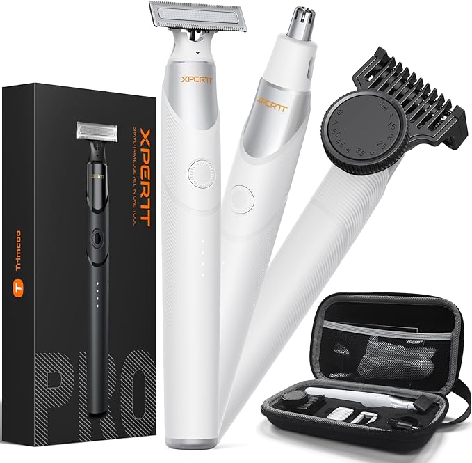 New Electric Beard & Nose Hair Trimmer Kit - Painless Razor with 12 in 1 Rotating Comb, Magnetic Nose Hair Head, Waterproof Wet/Dry, Groin/Ball Shaver for Men, USB-C Fast Charging,White(Pack)