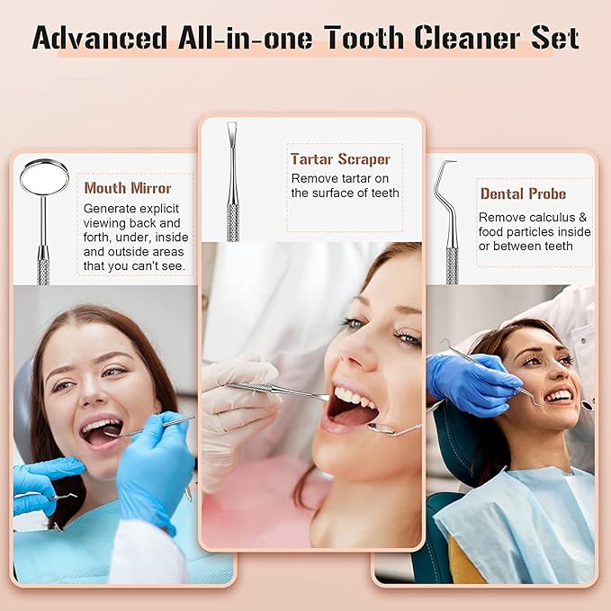 Plaque Remover for Teeth, Electric Tooth Cleaner Tartar Remover for Teeth with LED Light,4 Modes Rechargeable Teeth Cleaning Kit with Dental Tools, 2 Replaceable Heads (White A)